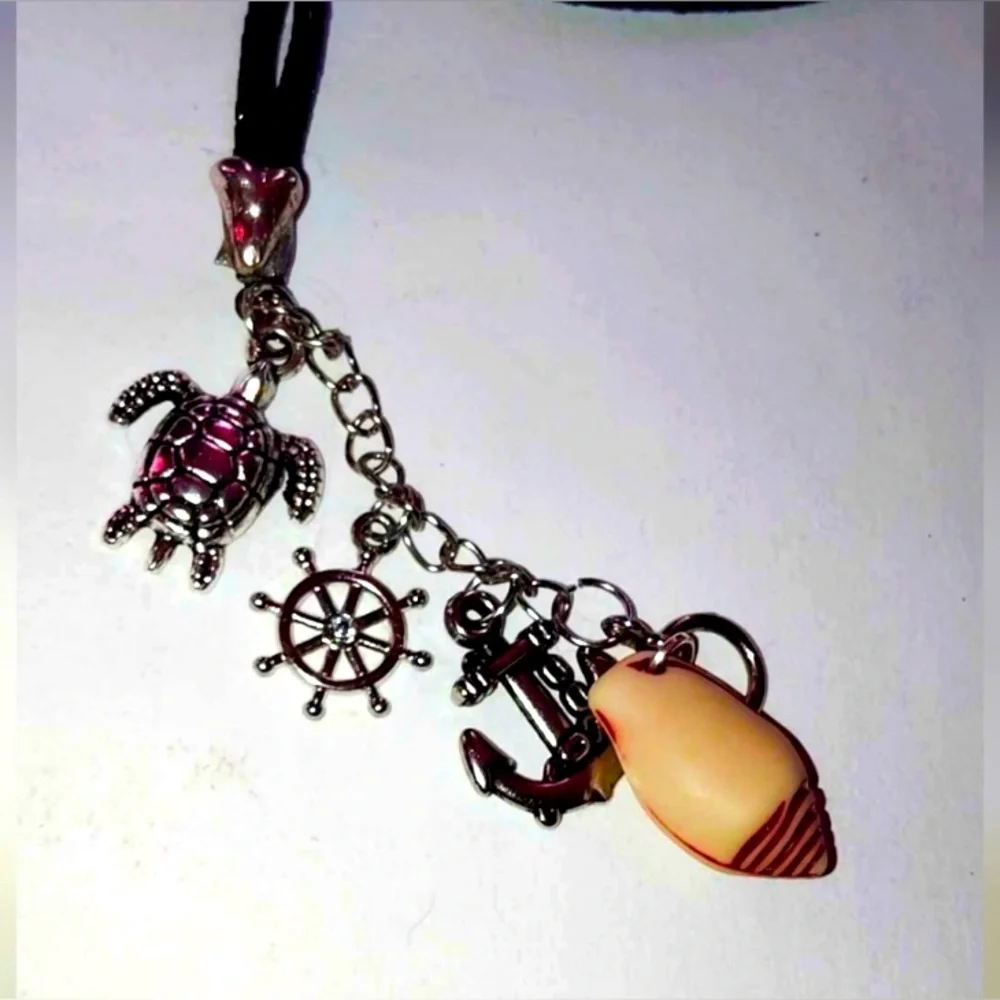 Handmade Nautical Charm Bookmark with Turtle Anchor Shell Ship Wheel Shark Tooth